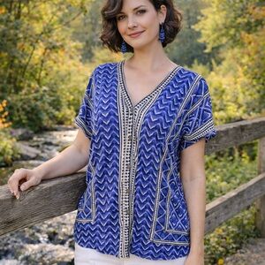 Lucky Brand Blue and White Boho Chic Geometric Print Top